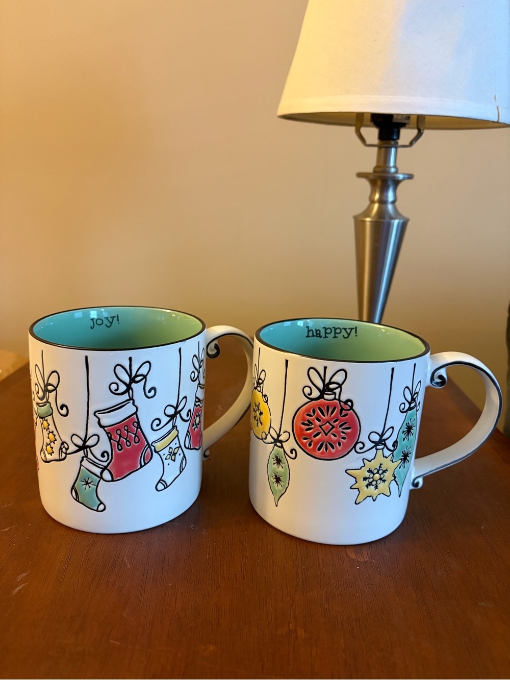 Christmas Holiday Ceramic Mug Set - White w/ Mint Interior, Red & Green Accents
